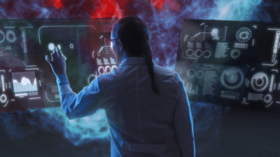 a female lab technician stood infront of a digital screen