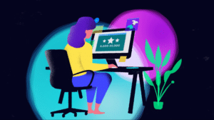 illustration of a woman sat at a desk with a computer and a plant