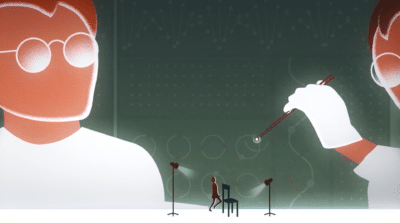 two animated scientists holding tweezers